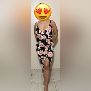 Black & Peachy Floral Midi Dress